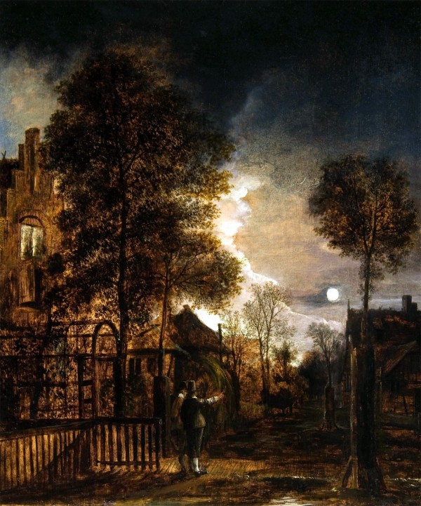 Two figures conversing in the moonlight by Aert van der Neer